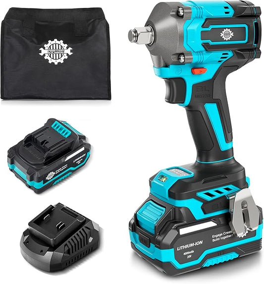 Cordless Impact Wrench High Torque, 442.5Ft-lbs, 1/2" Brushless Impact Gun, 2450RPM High Torque Gun, 4.0 Ah Battery, Electric Impact Motor Variable Speeds for Car/Truck/RV/Mower, 20V