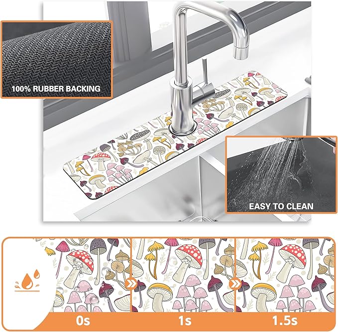 Kitchen Sink Splash Guard Faucet Mat Colorful Mushrooms Sink Splash Guard Behind Faucet,1 PC Soft Diatom Mud Non-Slip Mat-for Kitchen,Sink Mat,Dish Drying Mat,Bathroom Faucet Mat 23.5"X5.5"