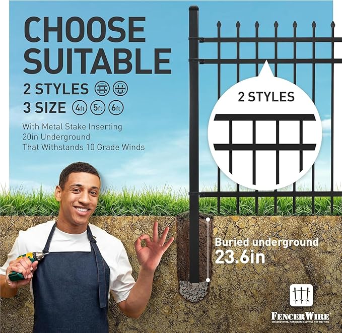 Fencer Wire 100FT Heavy Duty Anti-Rust Pinnacle Fence Barrier Kit, Metal Steel Fence w/ 5FT Height & 8FT Width Panels, Gate, Posts, and Connectors, 2” Diameter Outdoor Fencing for Yard, Pool, Patio