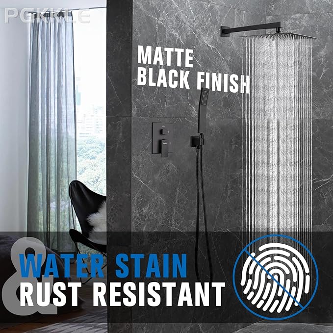 10 Inch Rainfall Shower System - Wall Mounted Complete Combo with Solid Brass Pressure Balancing Valve, High Pressure Shower Head, Handle Set & Installation Accessories Matte Black