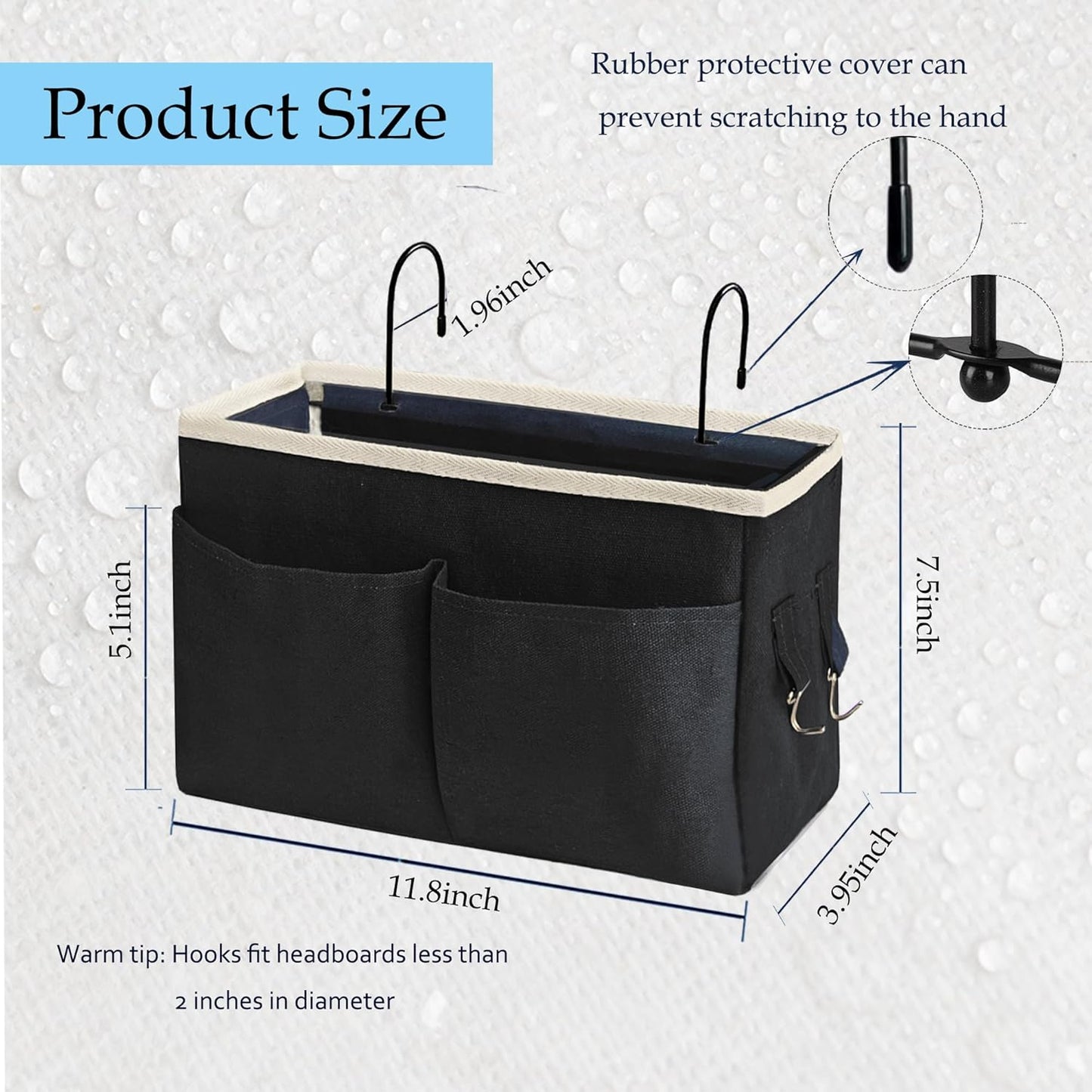 Bedside Caddy/Bedside Hanging Storage Bag Multi-Function Caddy for Bunk bed Hospital Beds Dorm Bed Rails, Holders Books Glasses Phones Magazine（2pc Black）