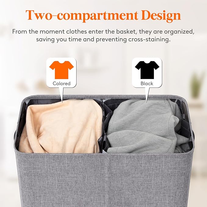 Lifewit Double Laundry Hamper with Lid and Removable Laundry Bags, Large Collapsible 3 Dividers Dirty Clothes Basket with Handles for Bedroom, Laundry Room, Closet, Bathroom, College, 145L Light Gray