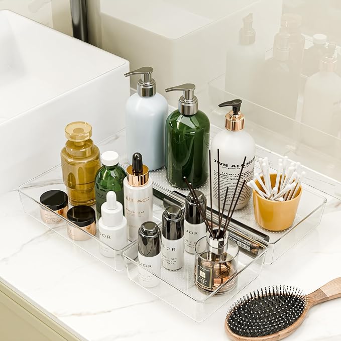 Clear Plastic Drawer Organizer Set for Kitchen, Bathroom, Office, Cosmetics & Tools - Multifunctional Storage Trays with Adjustable Dividers, Space-Saving Transparent Design (Clear, 9 Pcs)