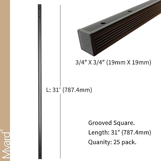 Myard 31 Inches Grooved Estate Hollow Square Aluminum Deck Balusters Furniture with Screws for Facemount Decking Railing Porch Fence (25-Pack, Matte Black)
