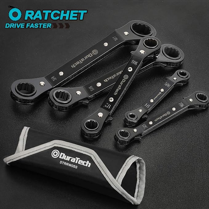 DURATECH 5 Pc Double Offset Box End Reversible Ratcheting Wrench Set, SAE, Heavy-duty, Matte Chrome Plated, Ratchet Spanner Crooked for Narrow Spaces (1/4-7/8 inch)