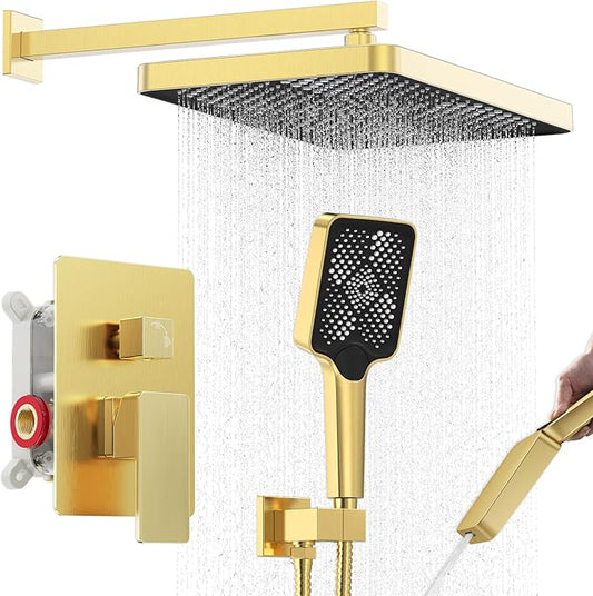 Iriber Gold Shower System Wall Mount with Rainfall Shower Head and Handheld,Shower Faucet Set Mixer Trim Kit (Valve Included),Brushed Gold