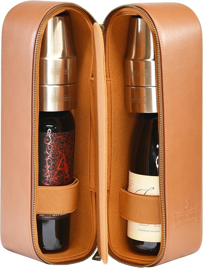 POUR & GARNISH Bourbon Whiskey & Wine Double Bottle Travel Bag with 4 Stainless Steel Double-Walled Vacuum Insulated Glasses - Makes a Great Gift!