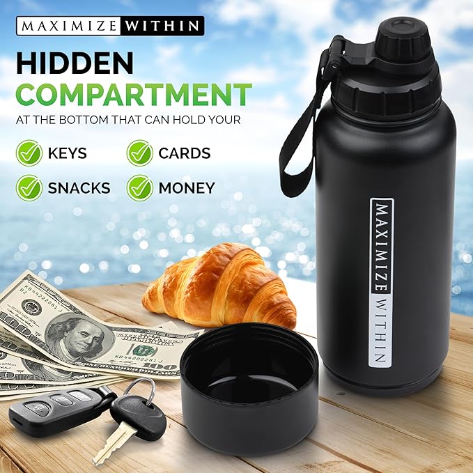 Double Wall Stainless Steel Water bottle with Dual lids (Straw & Spout) Hidden Compartment, Vacuum Insulated, Reusable. Black. 32 oz