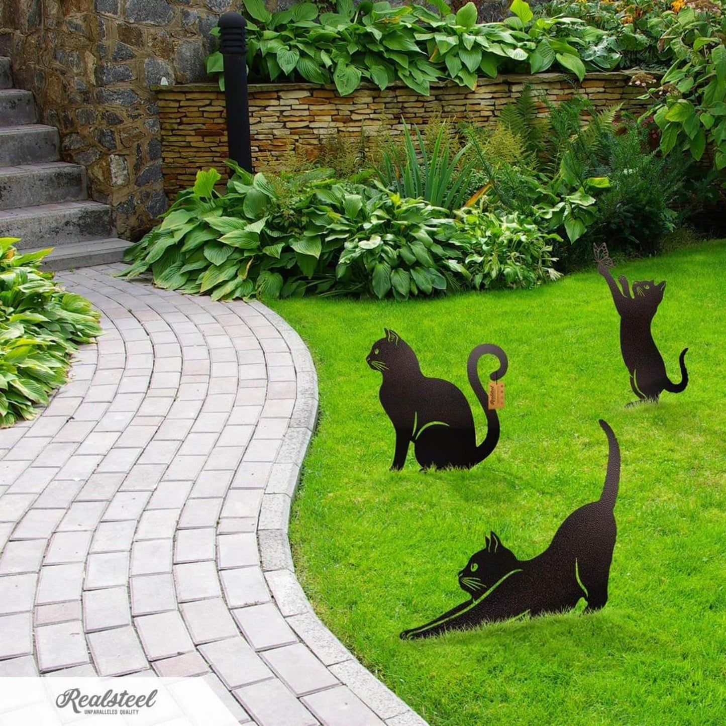 RealSteel I 3 Pack Steel Cat Garden Decor I Outdoor Yard Decorations I Gift for Cat Lovers I Lawn Ornaments and Statues I Garden Signs Decorative Outdoor - Black