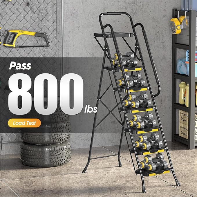 KINGRACK Step Ladder, Sturdy Steel Step Stool with Anti-Slip Wide Pedals, Handrail, Safe-Lock Design, 800lbs Folding Portable Ladder for Multi-Purpose, Home, Kitchen (6-Step with Tool Platform)