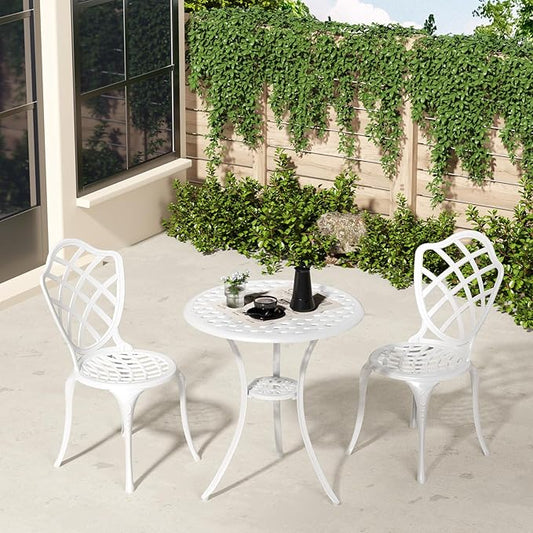 3 Piece Patio Bistro Set, Outdoor Bistro Table and Chairs Set of 2 w/Umbrella Hole, Rust-Resistant Cast Aluminum Bistro Set for Garden/Balcony/Backyard, White