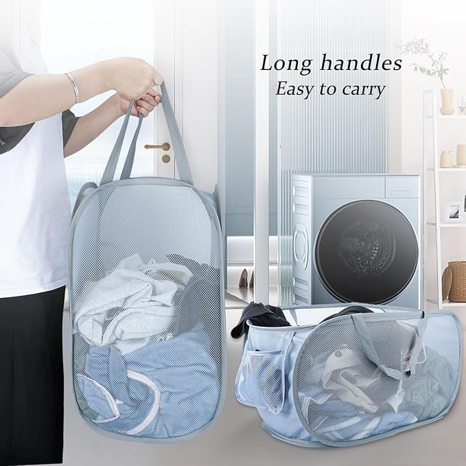 Extra Large Mesh Pop Up Laundry Hamper 2 Pack, 100L Foldable Laundry Baskets, Dirty Clothes Hamper with Pocket, Collapsible Hampers for Travel, Dorm or Home. Grey H+V