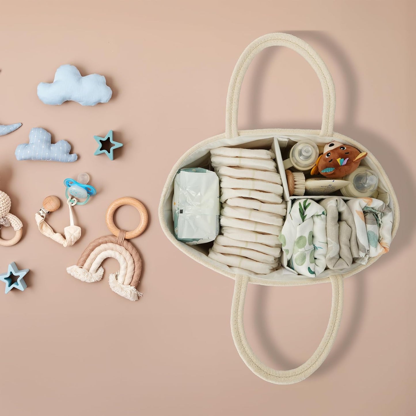 Diaper Caddy Organizer Cotton Rope Baby Basket Nursery Storage and Portable Tote Bag for Car Ideal Baby Shower Gifts and Registry Must-Have for Newborn Essentials Large beige