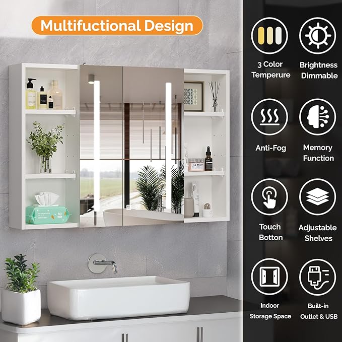 VINGLI 36Inch Medicine Cabinet with Lights, Lighted Medicine Cabinet with Mirror, Bathroom Vanity Mirror with Storage,Wall Mounted Anti-Fog Dimmable Light and Color Adjustment,5.9" D x 36" W x 24" H