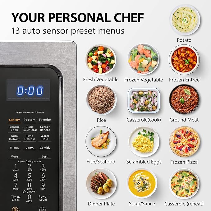 Toshiba Air Fryer Combo 4-in-1 Countertop Microwave Oven, Smart Sensor, Convection, Mute Function, Position Memory 13.6" Turntable, 1.5 Cu Ft, 1000W, Black, ML-EC42P(BS)