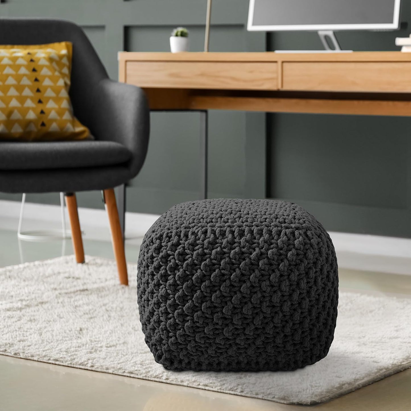 Casafield Square Pouf Ottoman, Black - 18.5" W x 18.5" D x 14.5" H Cotton Knit Foot Stool - Boho Floor Pouffe for Living Room, Bedroom, Home Office