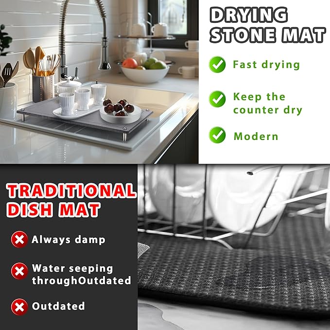 Stone Drying Mat for Kitchen Counter，IPOW Diatomaceous Dish Drying Mats Superb Absorbent，Heat-ResistantFast Drying Stone Mat Kitchen with Non-Slip Stainless Steel Feet（Gray）