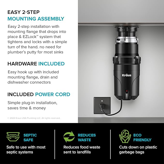 KRAUS WasteGuard 1/3 HP Ultra-Quiet Garbage Disposal with Quick Connect, Kitchen Sink Drain Cover, Power Cord and Flange Included, KWD100-33MBL