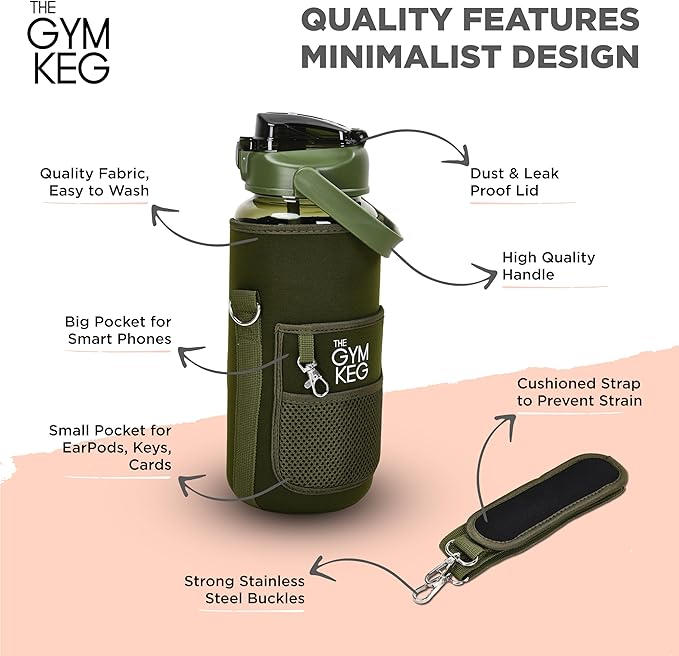 THE GYM KEG Water Bottle with Carrier - Sweat-Proof and Durable Silicon Bottle with Neoprene Sleeve - 74 oz Capacity - Hands-Free Storage Pockets - Water Bottle with Sleeve and Strap - Forest Green