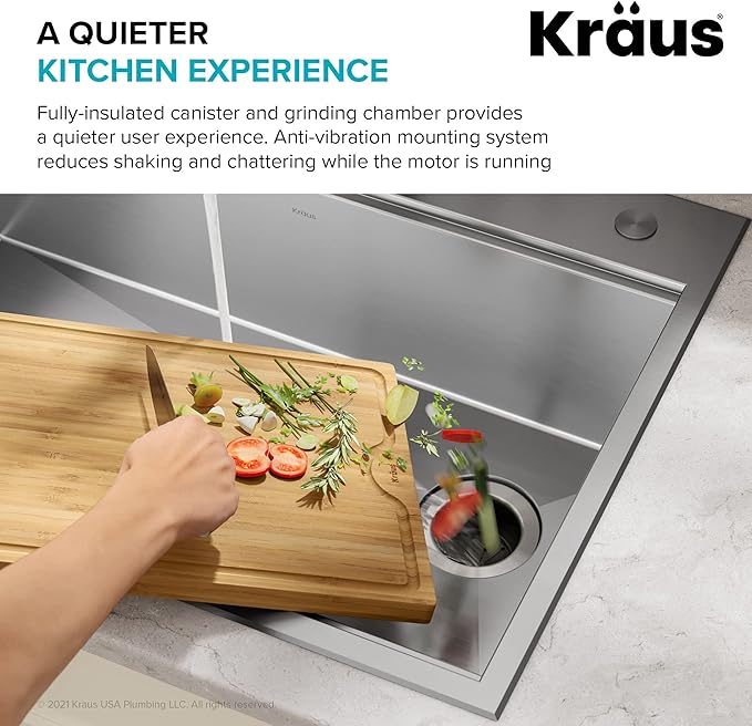 KRAUS WasteGuard 3/4 HP Ultra-Quiet Garbage Disposal with Quick Connect, Kitchen Sink Drain Cover, Power Cord and Flange Included, KWD100-75MBL
