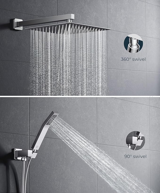 FORIOUS Rain Shower Head System, 10 Inch Shower Faucet Set with with handheld combo, Solid Brass Pressure Balanced Valve and Trim Kit Fixtures, Wall Mounted, Brushed Nickel (Chrome, 12 inch)
