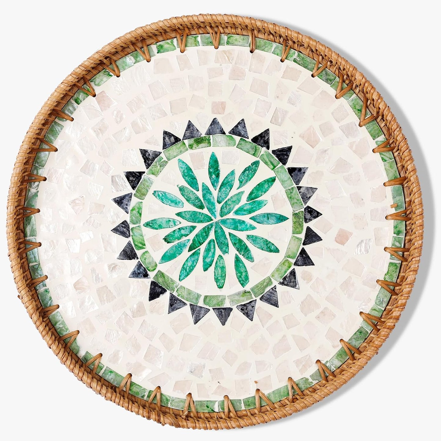 Round Rattan Tray with Mother of Pearl Inlay & Wooden Base - Decorative Wicker Serving Tray for Coffee/Bread/Fruits, Food Storage & Display - Multipurpose Home Decor (L,Bohemia)