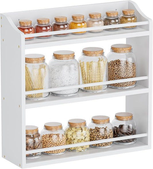Spice Rack Wall Mounted, Freestanding Spice Organizer for Countertop, Bamboo Spice Storage Holder, for Kitchen Cupboard, Pantry, Bathroom (White)