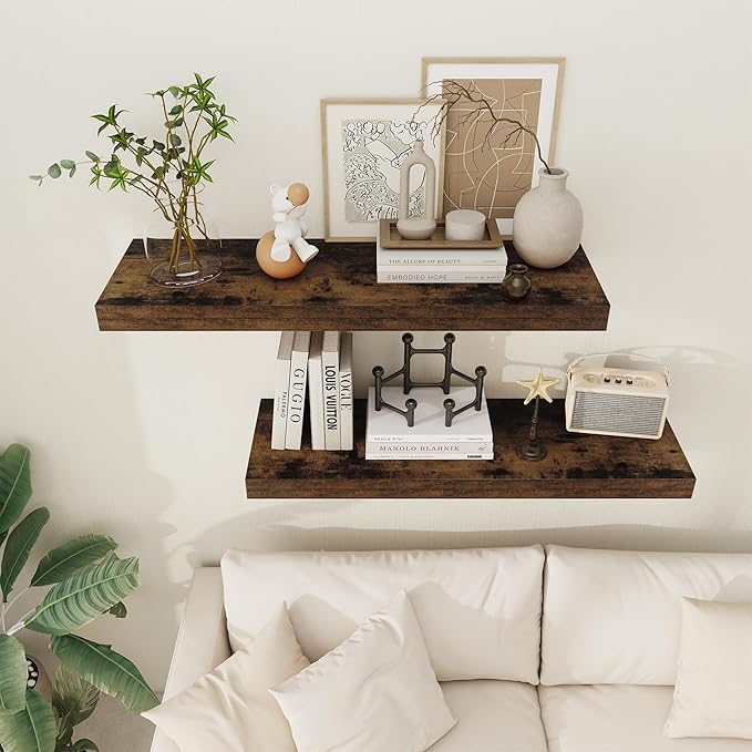 Floating Shelves 36 Inch Long, 12 Inch Deep Floating Shelves for Wall, 36 x 12 Shelves for Wall Storage & Display, 2" Thick Floating Shelf for Bathroom, Living Room, Rustic Brown Color, Set of 1