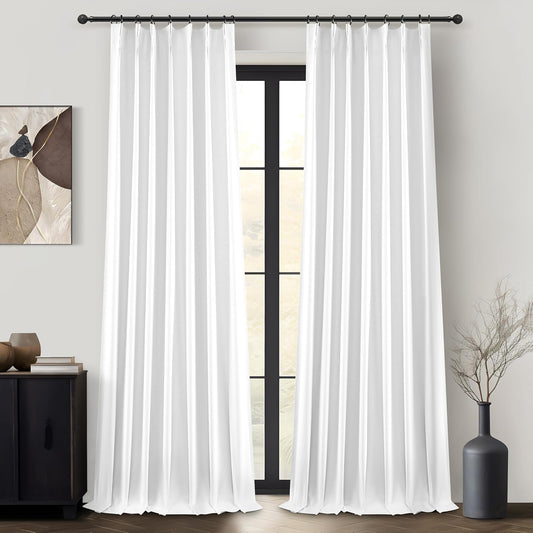Solid White Linen Blackout Viral Curtains 96 Inches Long for Bedroom, Modern Pinch Pleated Boho Window Curtains para Sala Room Darkening Thermal Heavy Track Drapes 96 Inch 2 Panels Set