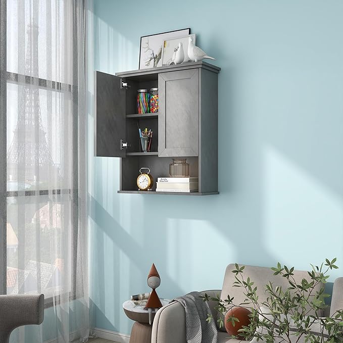 Bathroom Wall Cabinet Over Toilet Storage Cabinets 25x30 in Above Toilet Wood Medicine Cabinets for Bathroom Wall Mounted Cabinet with 2 Door & Adjustable Shelf Texture Grey