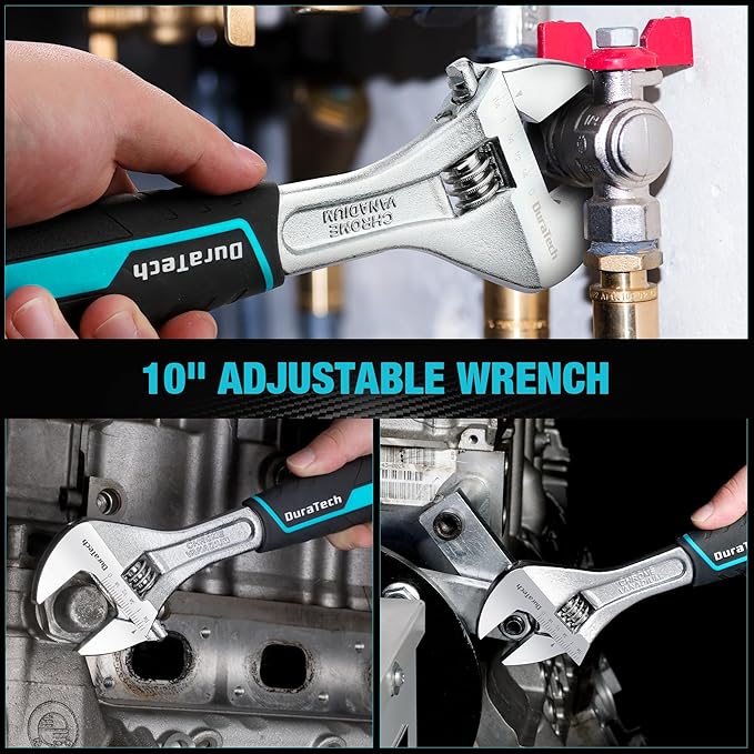 DURATECH 10-Inch Adjustable Wrench, Cr-V Steel Wrench, Wide Jaw Wrench, Metric & SAE Scales, for Home, Garage, Workshop and DIY