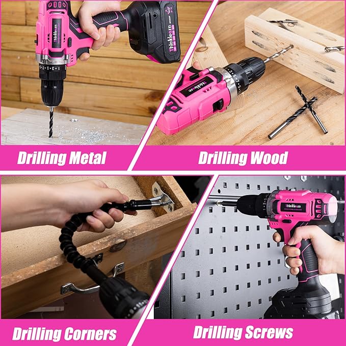 20V Pink Cordless Drill Set - Power Drill/Driver Kit with Drill Brush, Bit Set, 3/8" Keyless Chuck, 2 Variable Speed, 25+1 Torque Setting, Battery and Charger Included, Electric Drill for Home