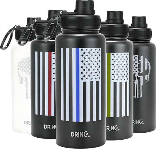 DRINCO Stainless Steel Water Bottle Spout Lid Vacuum Insulated Double Wall Water Bottle USA Flag Military Veteran (32oz Skull Black, 32oz)
