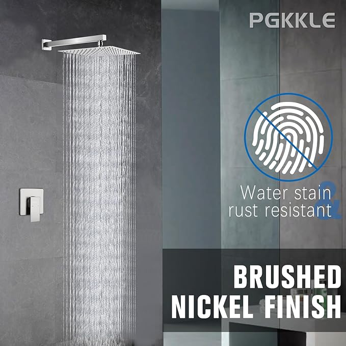 10 Inch Rainfall Shower Faucet Single Function Shower Trim Kit with Rough-in Valve Shower Set Square Stainless Steel Metal Touch-Clean Shower Head Brushed Nickel