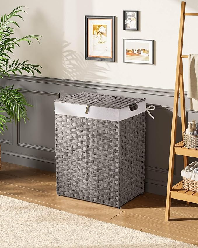 Greenstell Laundry Hamper with 2 Removable Liner Bags - 90L Divided Clothes Hamper, Handwoven Synthetic Rattan Foldable Laundry Basket with Lid and Handles Gray (18.3x13.3x24.0Inches)