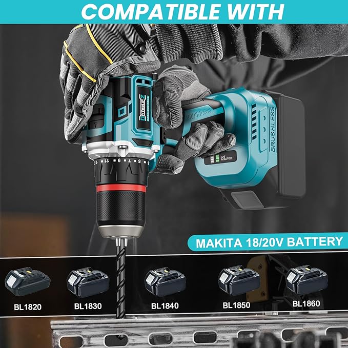 Power Drill Cordless Compatible with Makita 18V Battery,1/2" Brushless Electric Drill Set,440 In-lbs(50N.m) Electric 18V Drills Driver Tool, Variable Speed Mode for Home,Garden(No Battery)