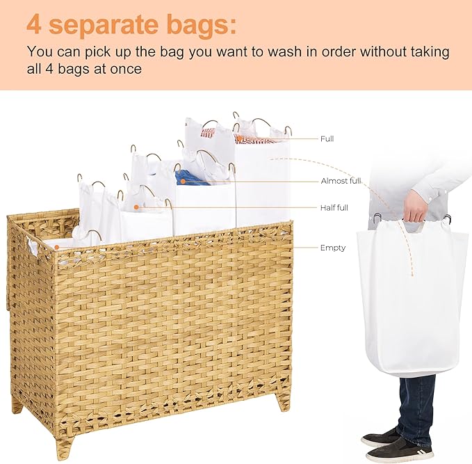 Laundry Hamper with 4 Removable Liner Bags; 176L Handwoven Rattan Laundry Basket with Lid & Heightened Feet; Clothes Hamper with Side Handles (Natural)