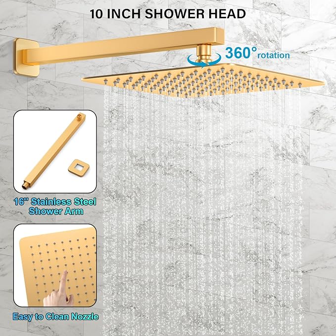 Gold Shower Faucet Set, Rainfall Shower System with Rain Shower Head and Handle Set, Wall Mounted Shower Fixtures, Full Metal Trim Repair Kit 10 inch Paint Gold (With Shower Valve)