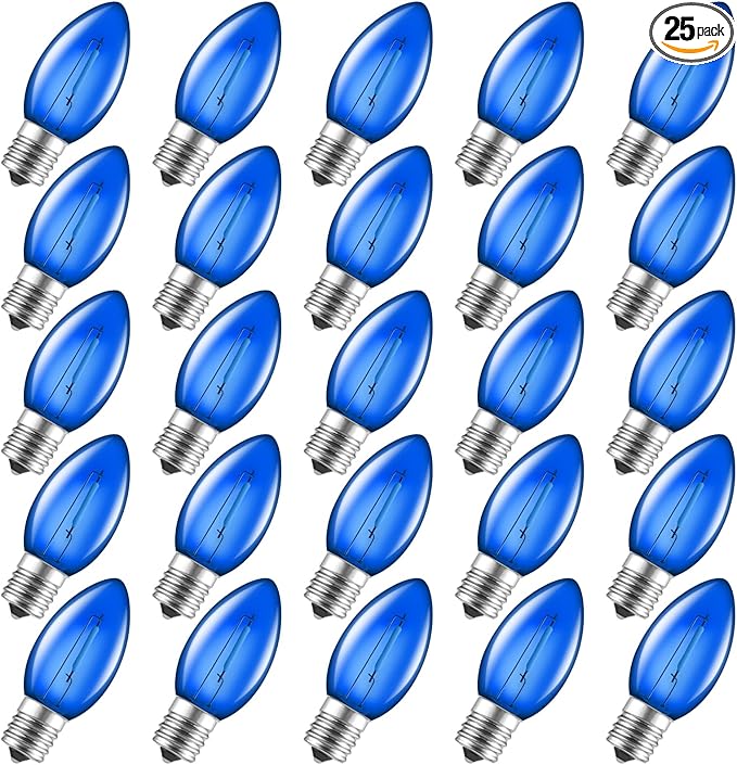Brightown 25 Pack C9 LED Christmas Light Bulbs, Blue Plastic C9 Shatterproof LED Bulbs Replacement for Christmas String Lights, E17 Intermediate Base, Commercial Dimmable Holiday Bulbs