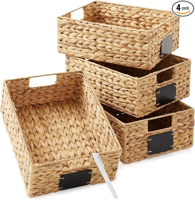 Casafield Set of 4 Water Hyacinth Pantry Baskets, 10" x 13" x 5", with Chalkboard Labels and Chalk Marker - Natural, Woven Storage Bin Organizers for Kitchen Shelves