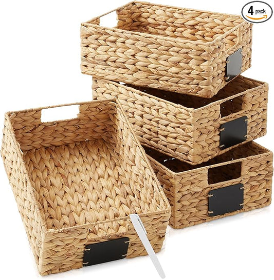 Casafield Set of 4 Water Hyacinth Pantry Baskets, 10" x 13" x 5", with Chalkboard Labels and Chalk Marker - Natural, Woven Storage Bin Organizers for Kitchen Shelves