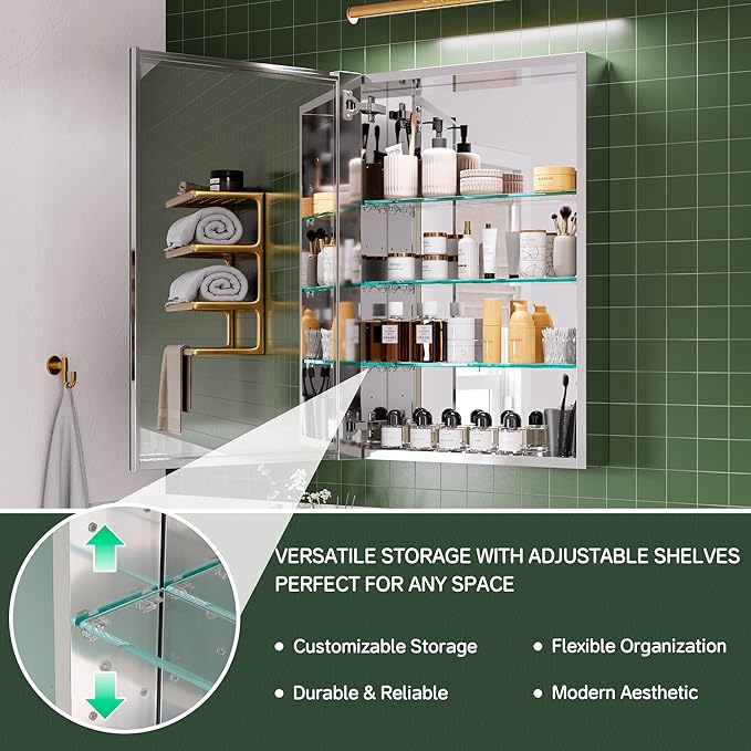 20''×30'' Mirrored Medicine Cabinet,Vanity Mirror with Door, Storage Cabinet for Bathroom, Adjustable Shelves, Blum Hinge Soft Close Door, Left Swing