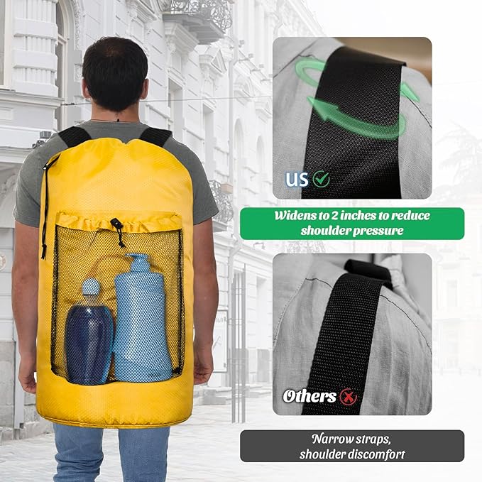 Large Laundry Backpack with Mesh Pocket & Adjustable Shoulder Straps, Yellow