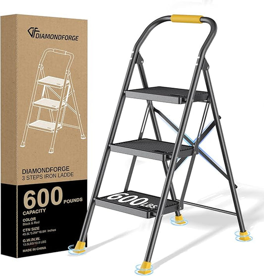 Step Ladder Foldable Folding Stool - for Home Adults Kitchen 3 Stepping Extension Tall Heavy Duty with Handrails - Closet Stepstool Stair Ladders Extendable Stepladder for Indoor House 600Lbs