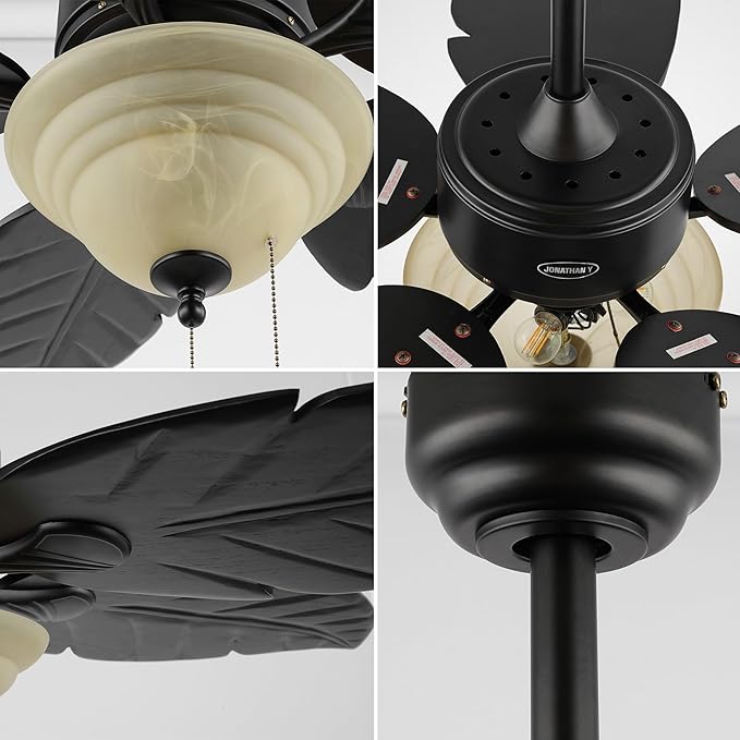 JONATHAN Y JYL9720A Poinciana 52" 3-Light Coastal Bohemian Iron/Wood Palm Leaf LED Ceiling Fan with Pull Chain Rustic, Eclectic, Transitional, Office, Living Room, Dining Room, Bedroom, Black