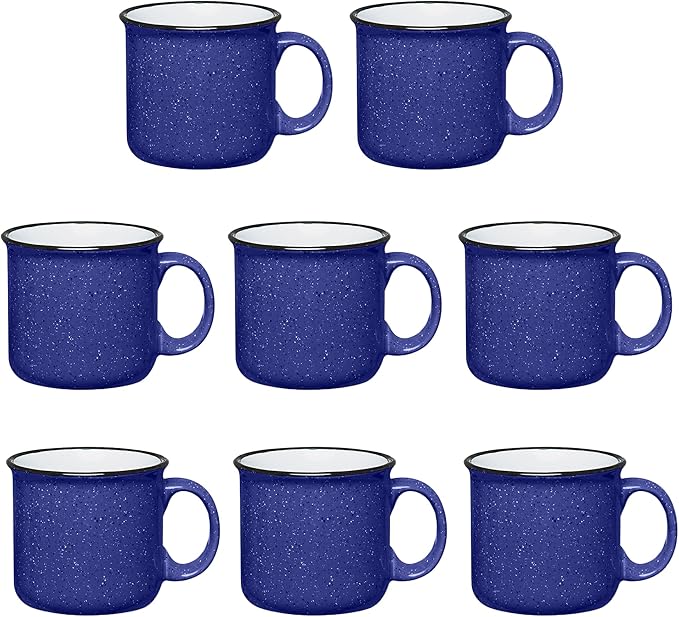 Set of 8 Ceramic Campfire Mugs – 15 Oz, Cobalt Blue – Coffee & Tea Cups for Home, Work, Travel, Camping – Customizable, Great for DIY, Events, Companies