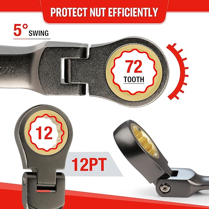 WORKPRO 8 Piece Flex Head Stubby Ratcheting Combination Wrench Set, SAE 5/16-3/4 in, 72-Teeth, CRV, Nickel Plating with Rolling Pouch