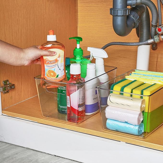 Vtopmart Clear Plastic Pantry Organizer Bins, 6 PCS Food Storage Bins with Handle for Refrigerator, Fridge, Cabinet, Kitchen, Countertops, Cupboard, Freezer Organization and Storage, BPA Free, Large