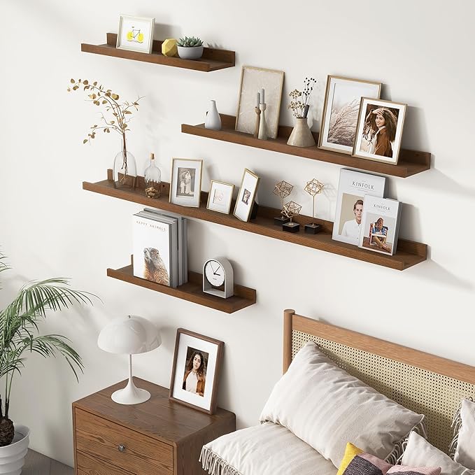 Pine Wood Rustic Floating Ledge Shelves Set of 3, 16 inches Width - Solid Pine, Walnut Finish - Kids' Room to Living Room Wall Decor