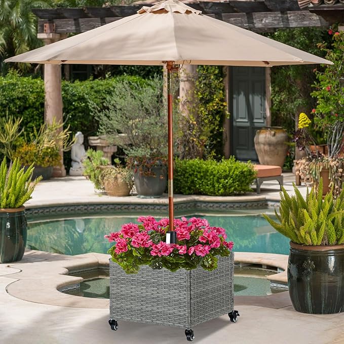 LEWIS&WAYNE Outdoor Umbrella Base with Fillable Planter Box Heavy Duty Patio Umbrella Stand with 4 Wheels Rolling Umbrella Holder for Outdoor Patio Deck Garden
